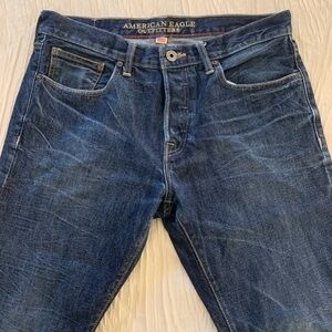 American Eagle Made in USA Faded/Whiskered Dark wash slim straight jeans, 34x32